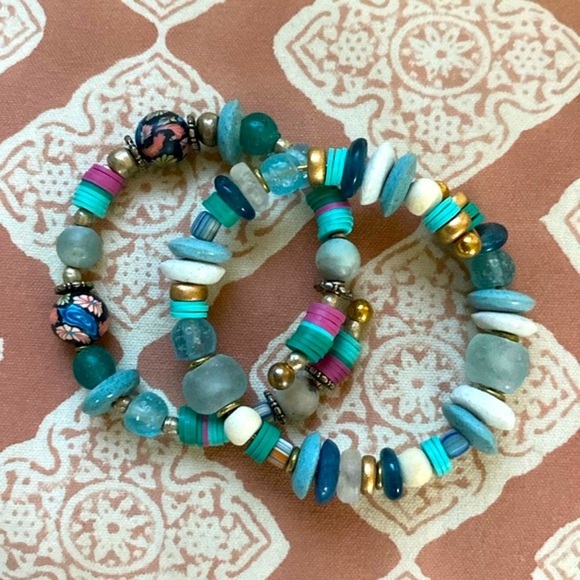 handmade Jewlery Jewelry - 2 piece Handmade bracelet set stack,African glass beads Blue, turquoise,…